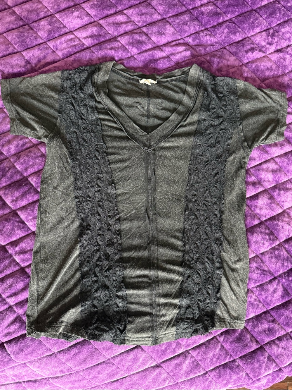 POL Black V-Neck Short Sleeve Top with Lace Panels
